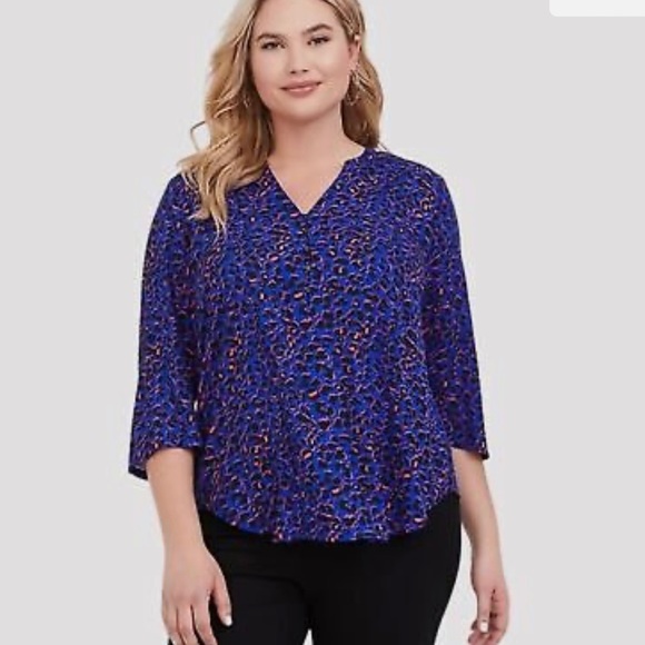 Harper Georgette, 3/4 Sleeve Blouse, Blue and Pink Leopard Print - Picture 1 of 13